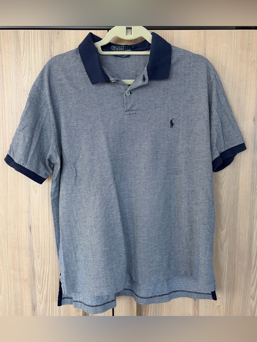 Polo Ralph Lauren Mens L Polo Shirt Navy Herringbone Pima Cotton Short Sleeve